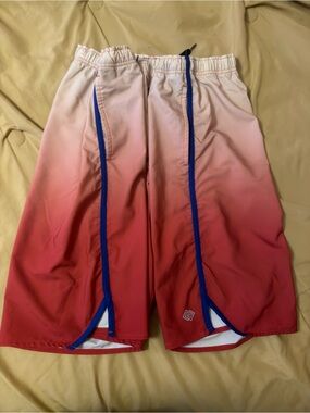 ZELOS Cream-to-Red Ombre Swim Trunks with Blue Trim